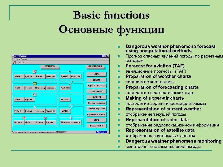 Basic functions Основные функции n Dangerous weather phenomena forecast using computational methods n Прогноз