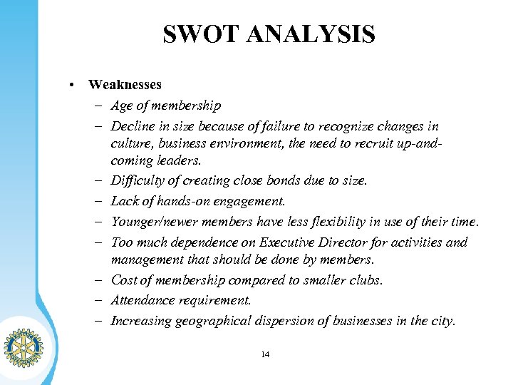 SWOT ANALYSIS • Weaknesses – Age of membership – Decline in size because of