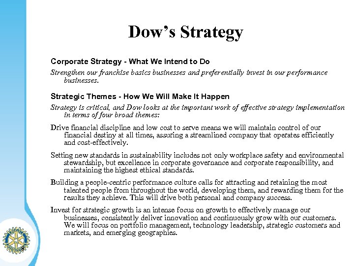 Dow’s Strategy Corporate Strategy - What We Intend to Do Strengthen our franchise basics