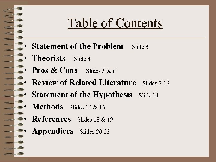 Table of Contents • • Statement of the Problem Slide 3 Theorists Slide 4