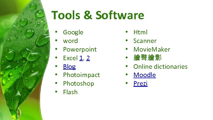 Tools & Software • • Google word Powerpoint Excel 1, 2 Blog Photoimpact Photoshop