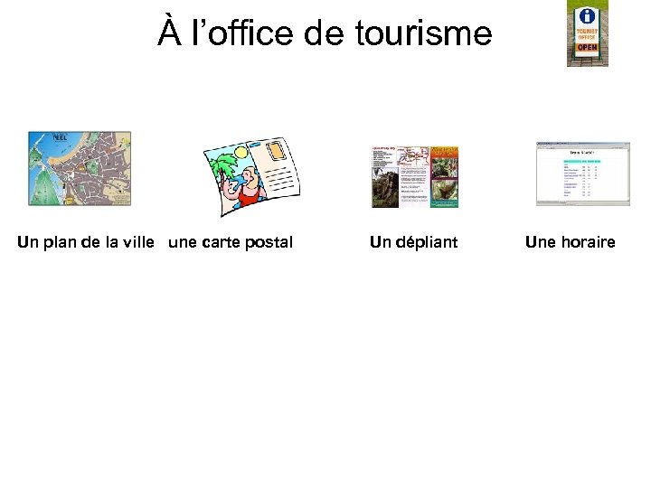 À l’office de tourisme Un plan de la ville une carte postal Un dépliant