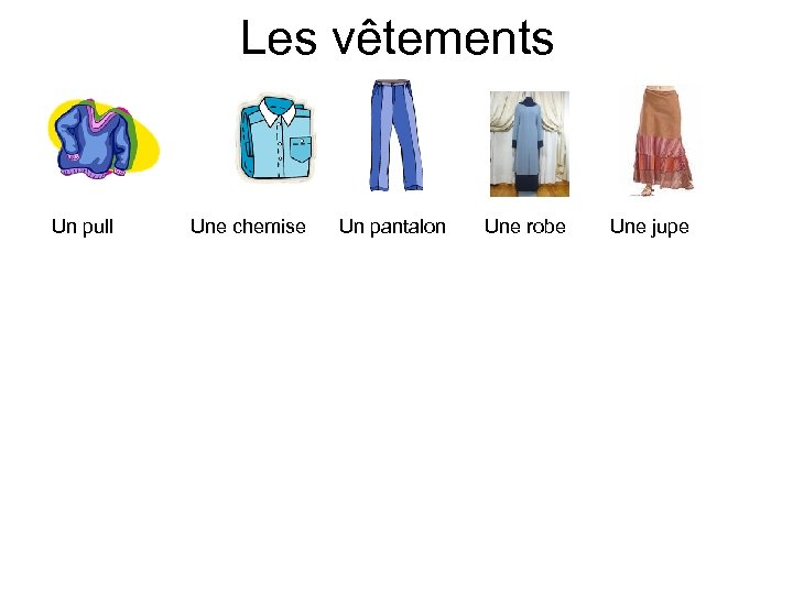 Les vêtements Un pull Une chemise Un pantalon Une robe Une jupe 