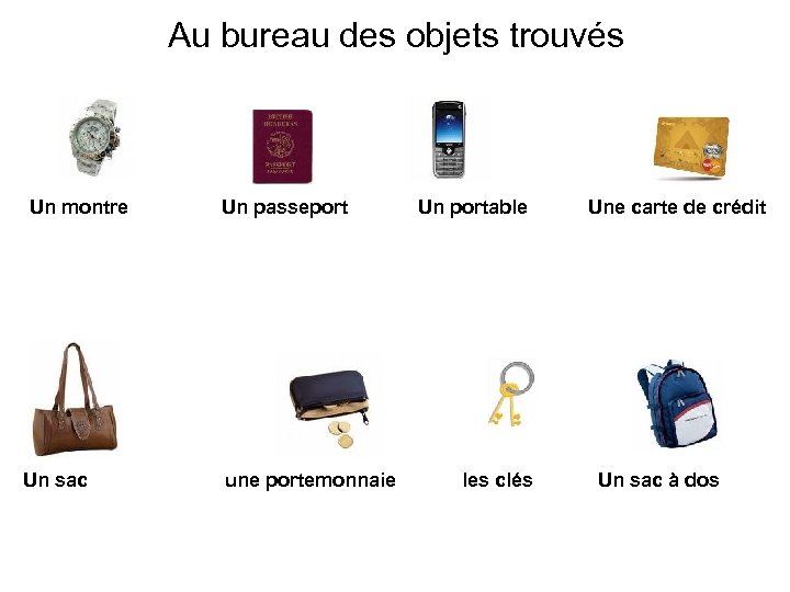 Au bureau des objets trouvés Un montre Un sac Un passeport une portemonnaie Un