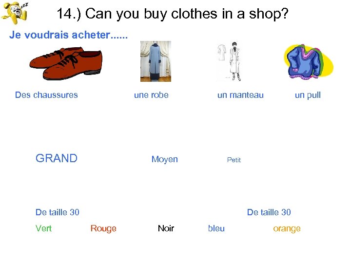 14. ) Can you buy clothes in a shop? Je voudrais acheter. . .