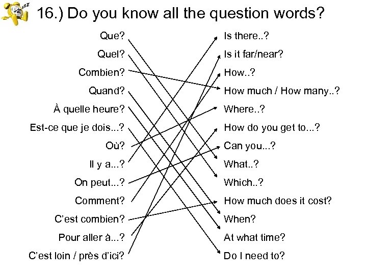 16. ) Do you know all the question words? Que? Is there. . ?
