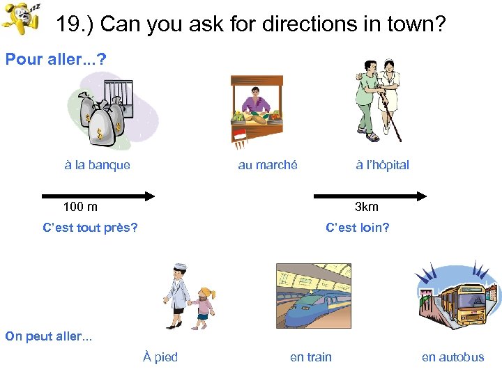 19. ) Can you ask for directions in town? Pour aller. . . ?