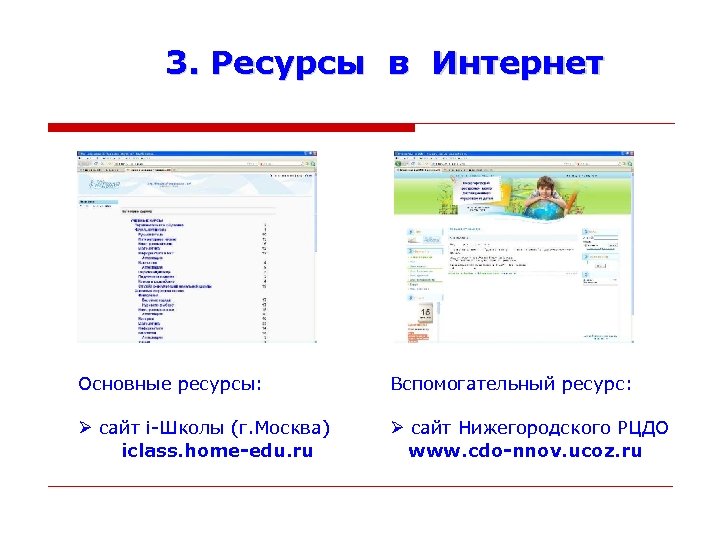 3. Ресурсы в Интернет Основные ресурсы: Вспомогательный ресурс: cайт i-Школы (г. Москва) iclass. home-edu.