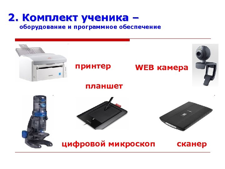 2. Комплект ученика – оборудование и программное обеспечение принтер WEB камера планшет цифровой микроскоп