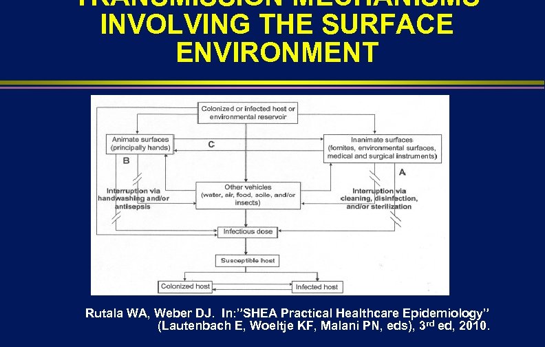 TRANSMISSION MECHANISMS INVOLVING THE SURFACE ENVIRONMENT Rutala WA, Weber DJ. In: ”SHEA Practical Healthcare