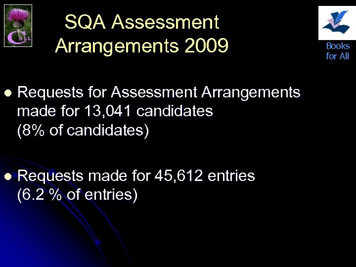 SQA Assessment Arrangements 2009 l Requests for Assessment Arrangements made for 13, 041 candidates