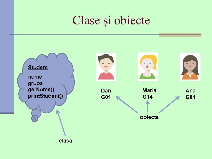 Clase și obiecte Student nume grupa get. Nume() print. Student() Dan G 01 Maria