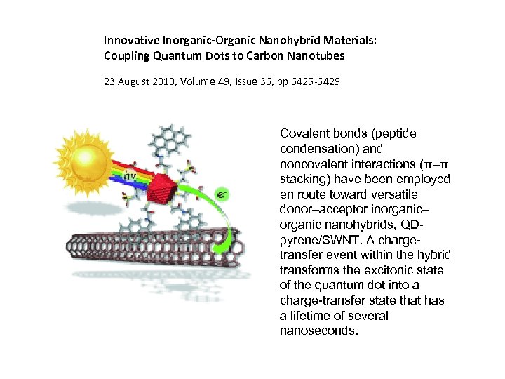 Innovative Inorganic-Organic Nanohybrid Materials: Coupling Quantum Dots to Carbon Nanotubes 23 August 2010, Volume