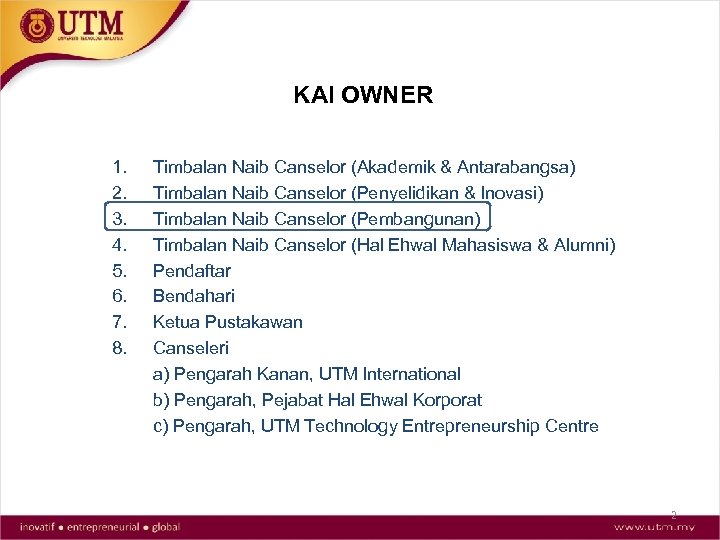 KAI OWNER 1. 2. 3. 4. 5. 6. 7. 8. Timbalan Naib Canselor (Akademik
