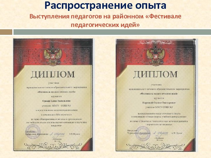 Распространение опыта Выступления педагогов на районном «Фестивале педагогических идей» 