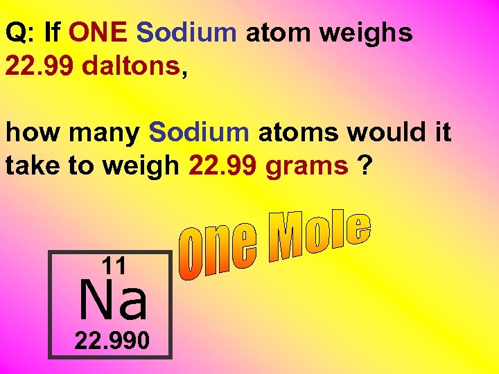 Q: If ONE Sodium atom weighs 22. 99 daltons, how many Sodium atoms would