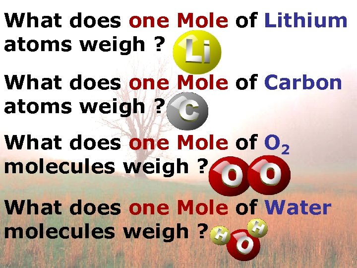 What does one Mole of Lithium atoms weigh ? What does one Mole of