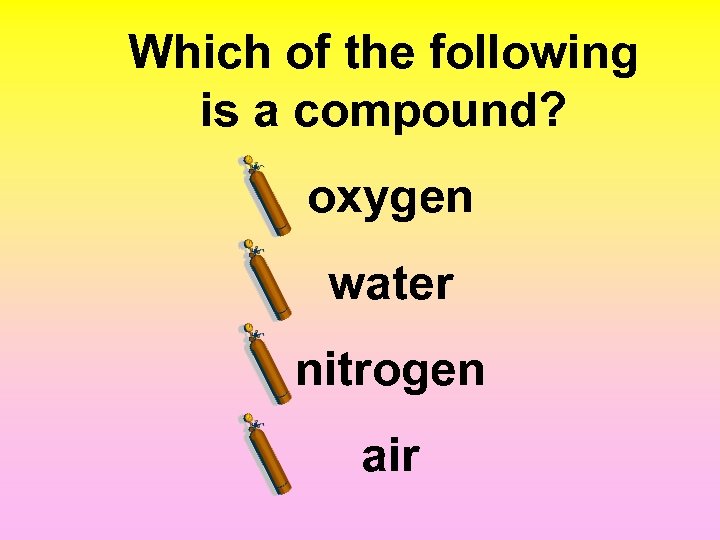 Which of the following is a compound? oxygen water nitrogen air 