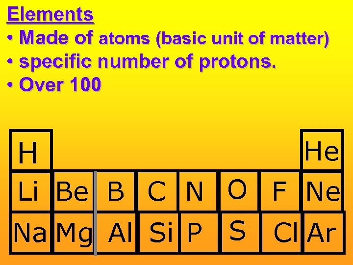 Elements • Made of atoms (basic unit of matter) • specific number of protons.