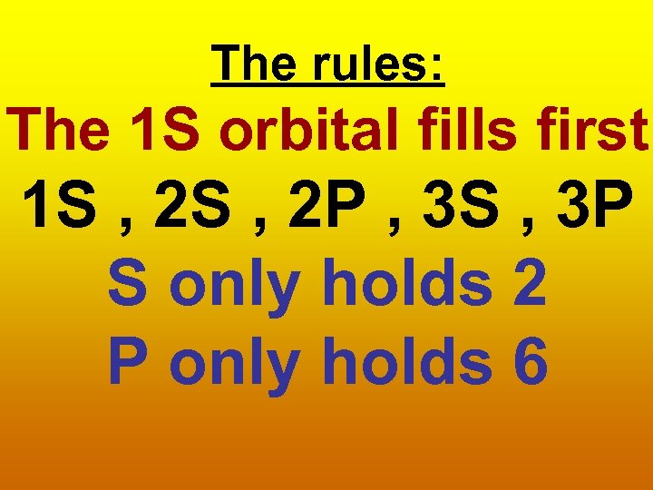 The rules: The 1 S orbital fills first 1 S , 2 P ,