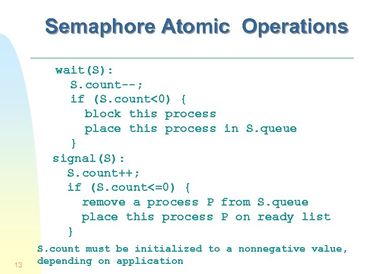 Semaphore Atomic Operations wait(S): S. count--; if (S. count<0) { block this process place