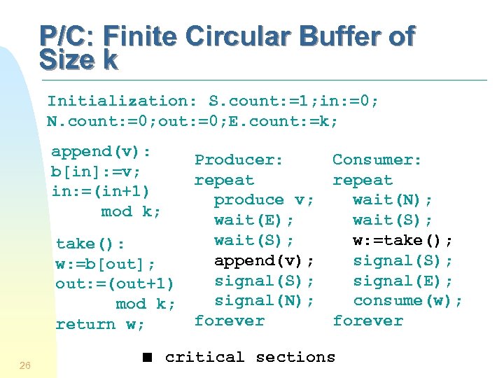 P/C: Finite Circular Buffer of Size k Initialization: S. count: =1; in: =0; N.