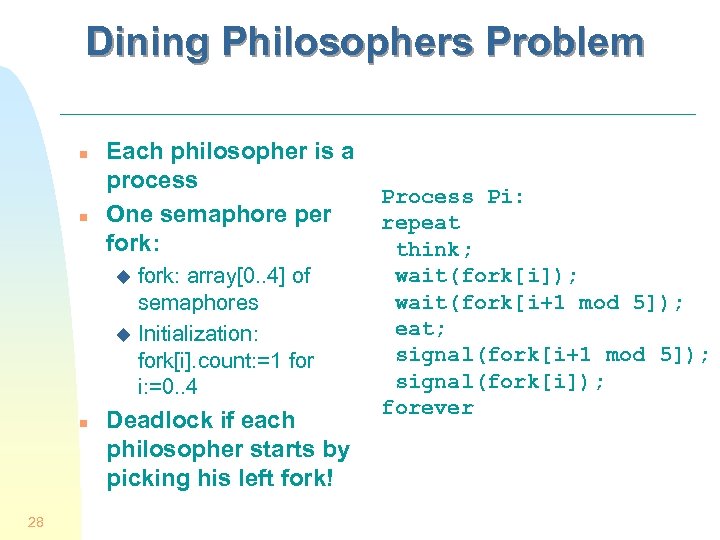Dining Philosophers Problem n n Each philosopher is a process One semaphore per fork: