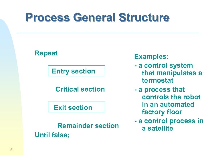Process General Structure Repeat Entry section Critical section Exit section Remainder section Until false;