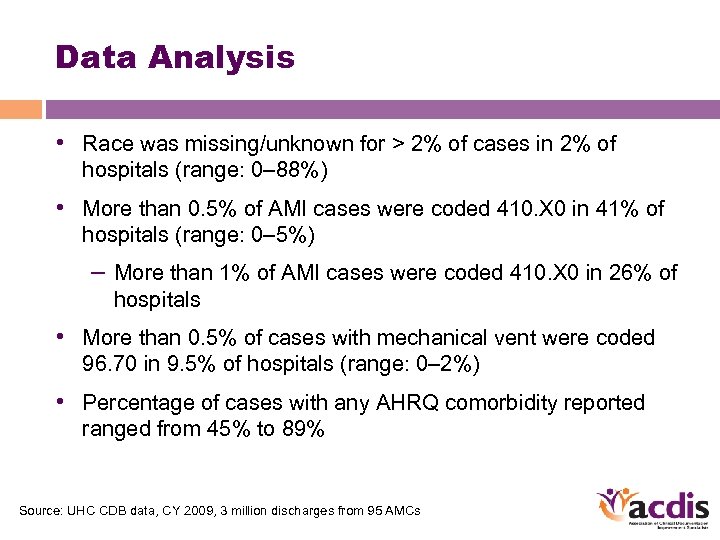 Data Analysis • Race was missing/unknown for > 2% of cases in 2% of