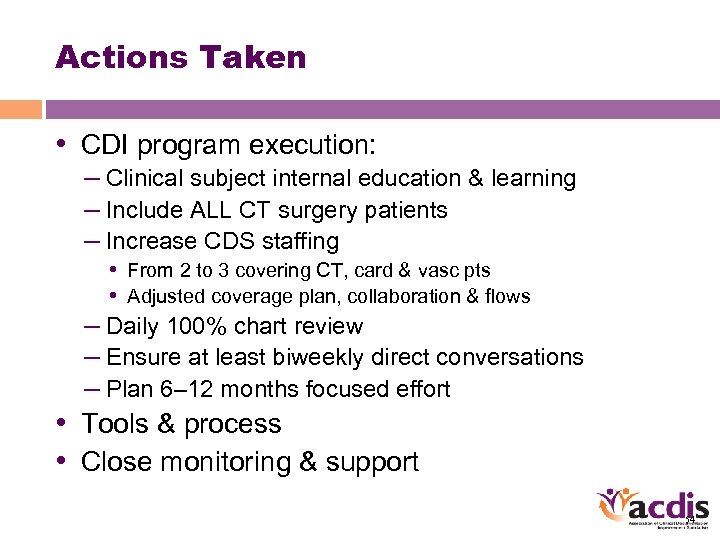 Actions Taken • CDI program execution: – Clinical subject internal education & learning –