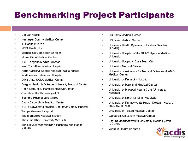 Benchmarking Project Participants • • • • • • UC Davis Medical Center •