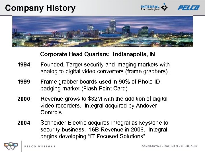 Company History Corporate Head Quarters: Indianapolis, IN 1994: Founded. Target security and imaging markets