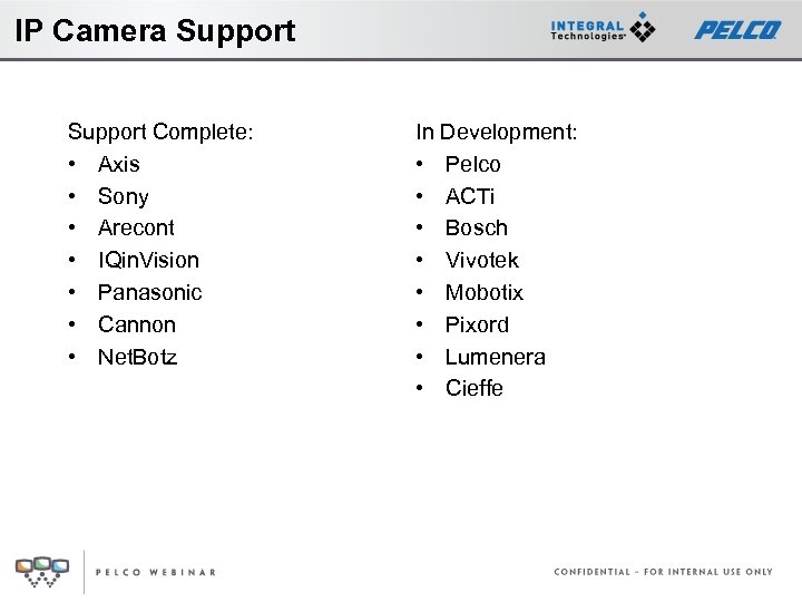 IP Camera Support Complete: • Axis • Sony • Arecont • IQin. Vision •