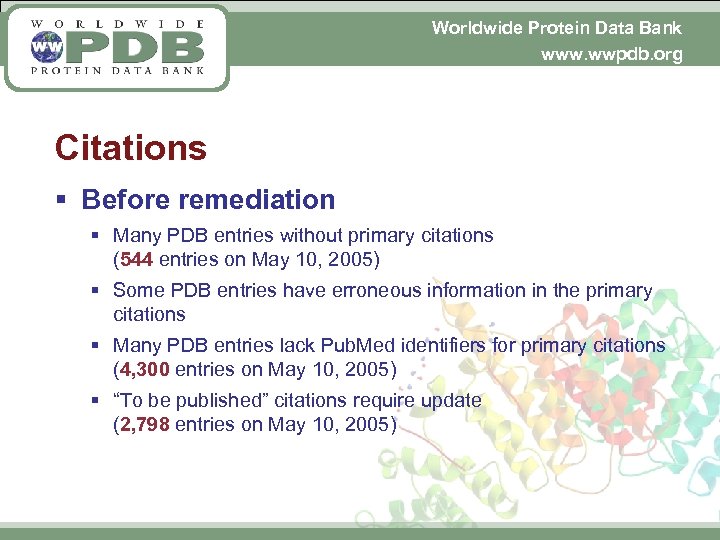 Worldwide Protein Data Bank www. wwpdb. org Citations § Before remediation § Many PDB