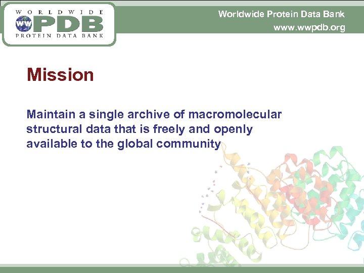 Worldwide Protein Data Bank www. wwpdb. org Mission Maintain a single archive of macromolecular