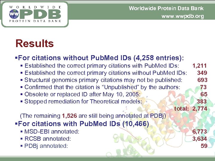 Worldwide Protein Data Bank www. wwpdb. org Results §For citations without Pub. Med IDs