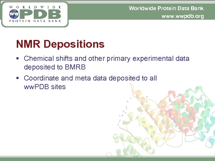 Worldwide Protein Data Bank www. wwpdb. org NMR Depositions § Chemical shifts and other