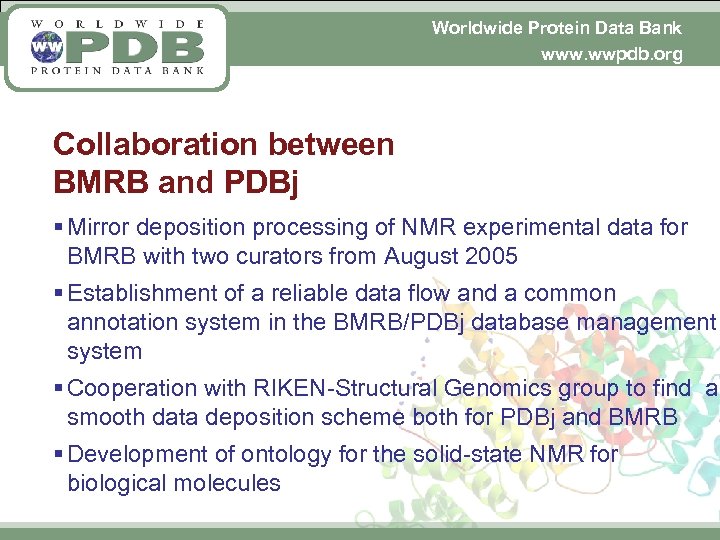 Worldwide Protein Data Bank www. wwpdb. org Collaboration between BMRB and PDBj § Mirror