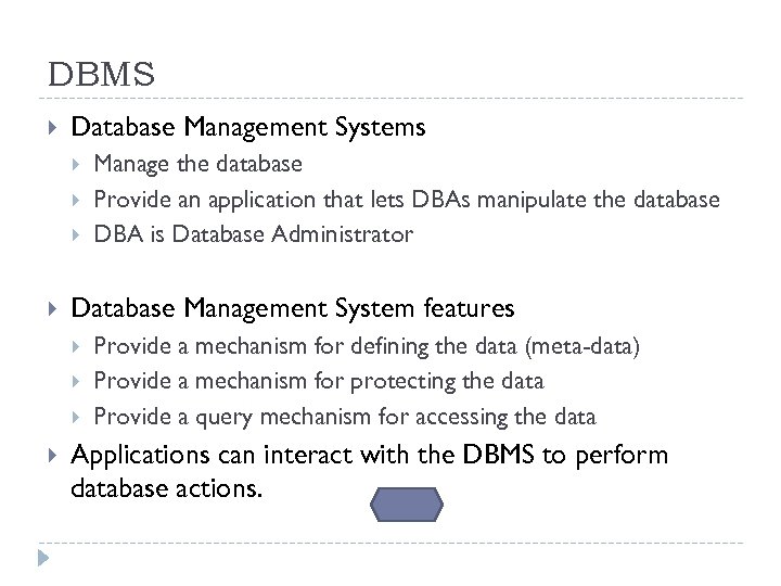 DBMS Database Management Systems Database Management System features Manage the database Provide an application