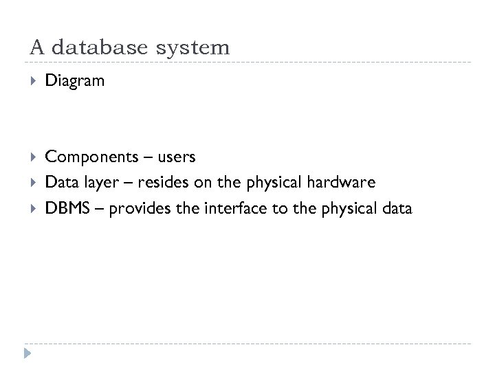 A database system Diagram Components – users Data layer – resides on the physical