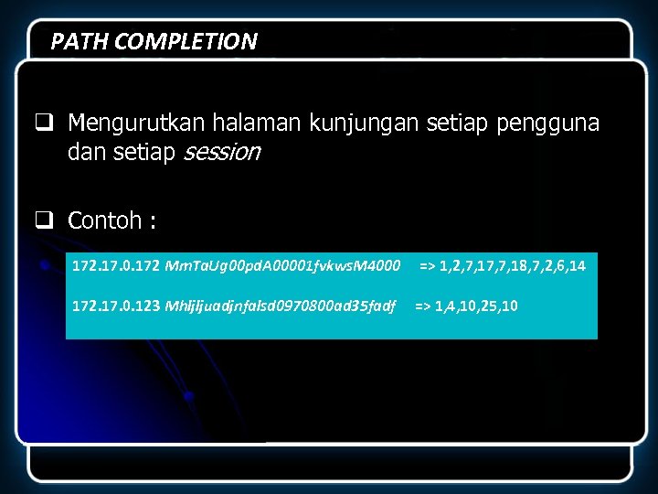 PATH COMPLETION q Mengurutkan halaman kunjungan setiap pengguna dan setiap session q Contoh :