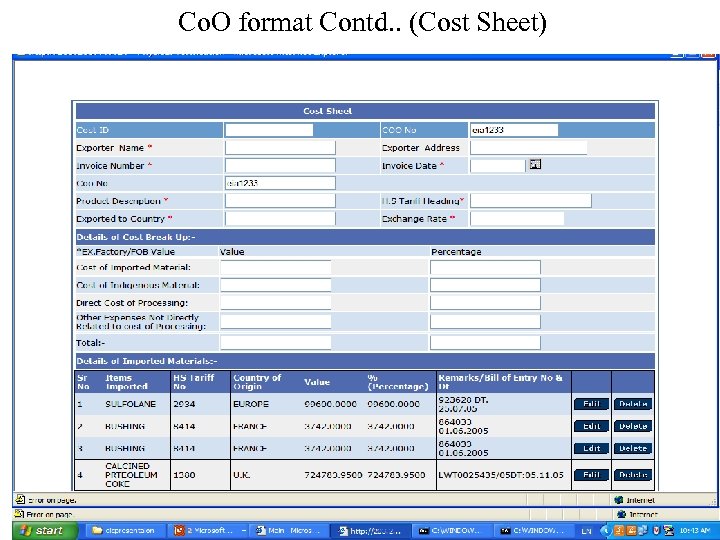 Co. O format Contd. . (Cost Sheet) 