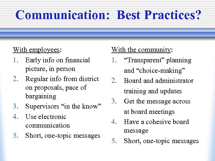 Communication: Best Practices? With employees: 1. Early info on financial picture, in person 2.