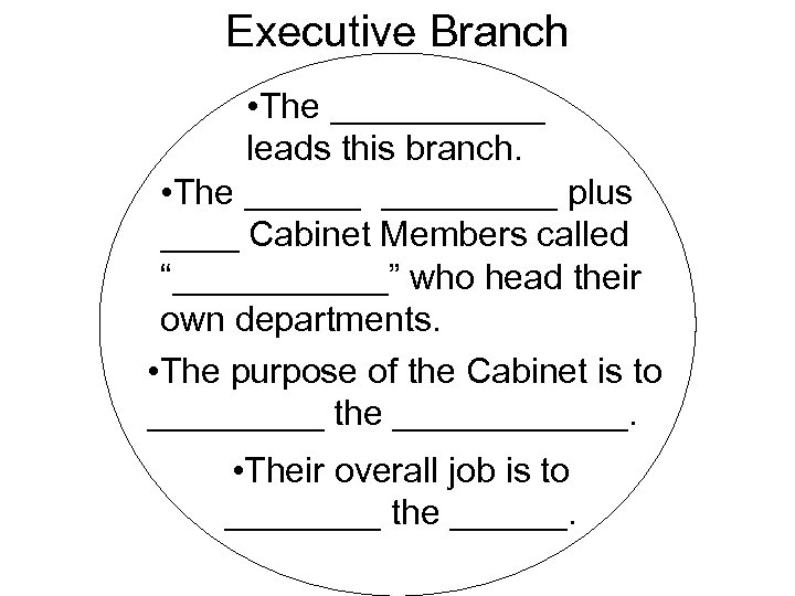 Executive Branch • The ______ leads this branch. • The _________ plus ____ Cabinet