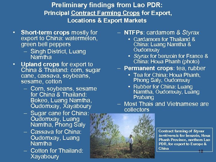 Preliminary findings from Lao PDR: Principal Contract Farming Crops for Export, Locations & Export