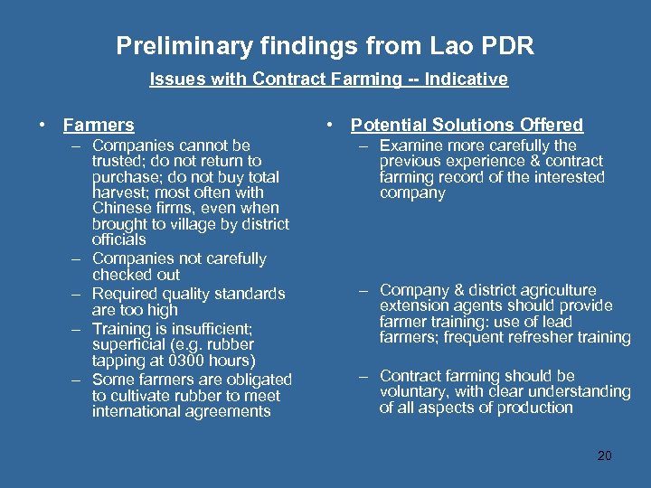 Preliminary findings from Lao PDR Issues with Contract Farming -- Indicative • Farmers –