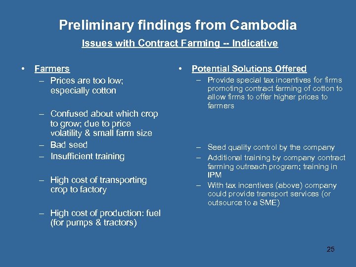 Preliminary findings from Cambodia Issues with Contract Farming -- Indicative • Farmers – Prices