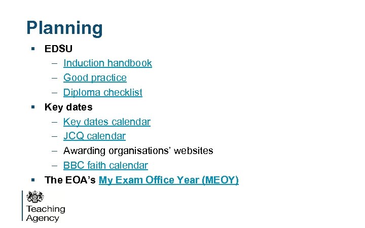 Planning § EDSU – Induction handbook – Good practice – Diploma checklist § Key