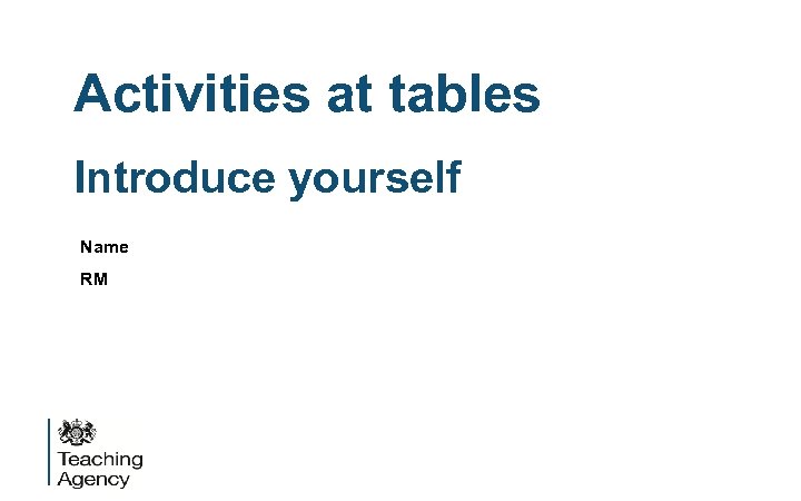 Activities at tables Introduce yourself Name RM 