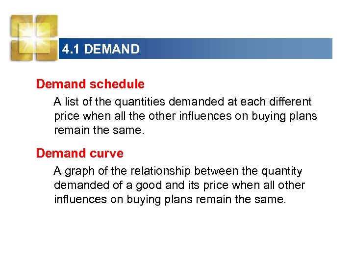 4. 1 DEMAND Demand schedule A list of the quantities demanded at each different